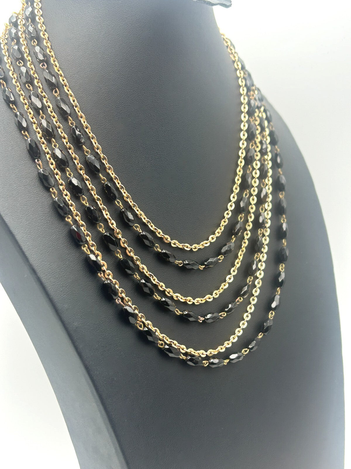 Vintage Layered Black Bead & Gold-Tone Chain Necklace