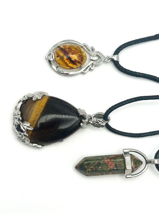 Gemstone Pendant Cord Necklace Bundle Tiger Eye, Unakite & Amber Pendant