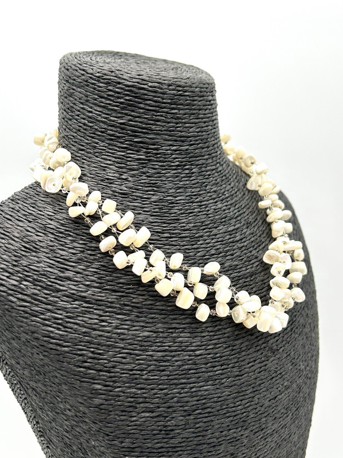 Vintage Mother Of Pearl Multi Strand Illusion Necklace Cream Shell Floating Chip