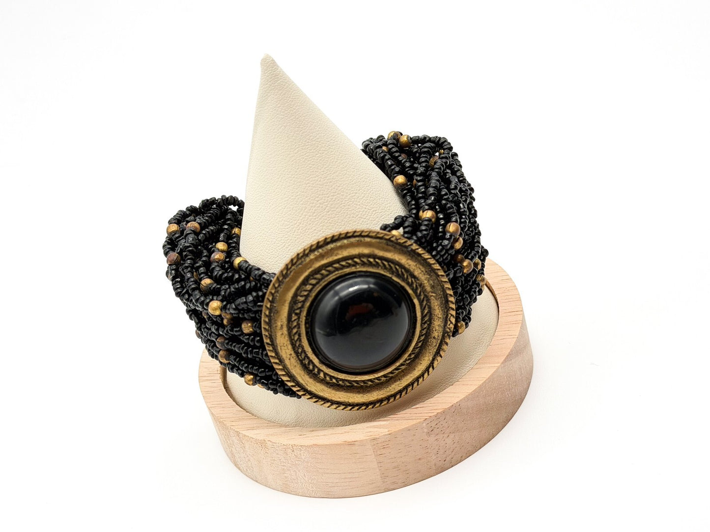 Vintage Chunky Black Seed Bead Bracelet Gold Tone Cabochon Statement Wide Cuff