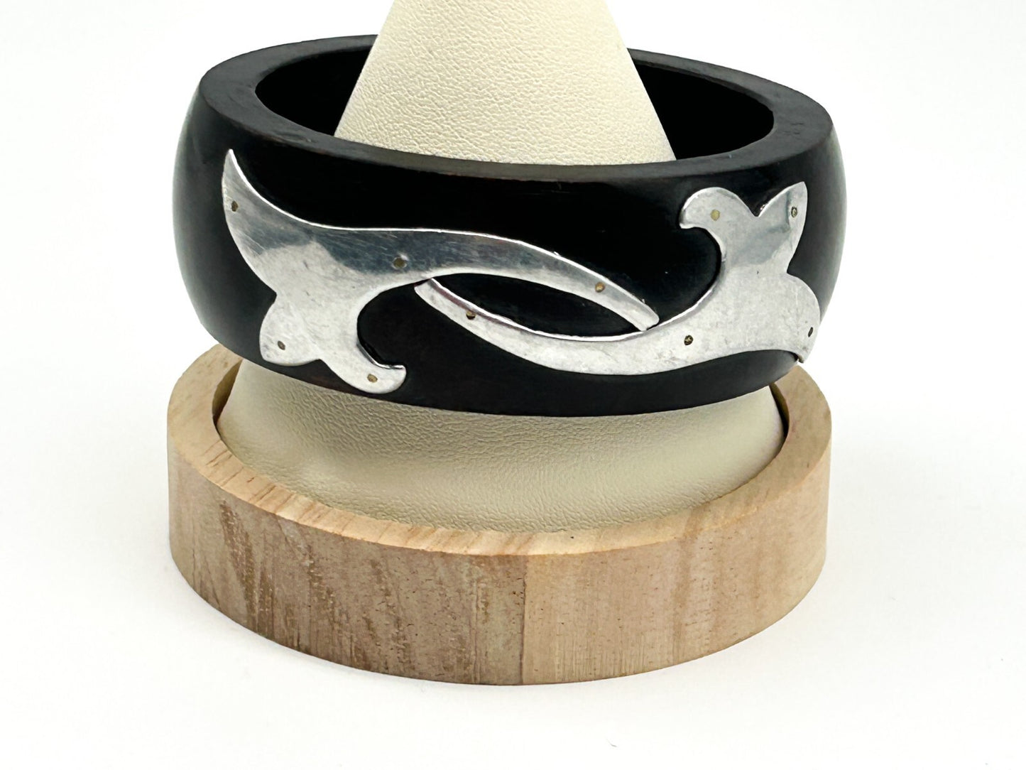 Chunky Dark Wood Bracelet 925 Sterling Silver Tribal Design Overlay Bangle Boho
