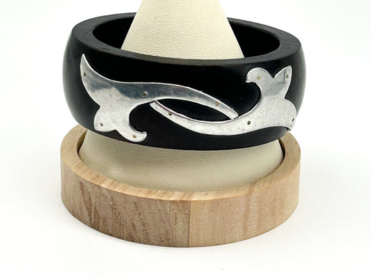 Chunky Dark Wood Bracelet 925 Sterling Silver Tribal Design Overlay Bangle Boho