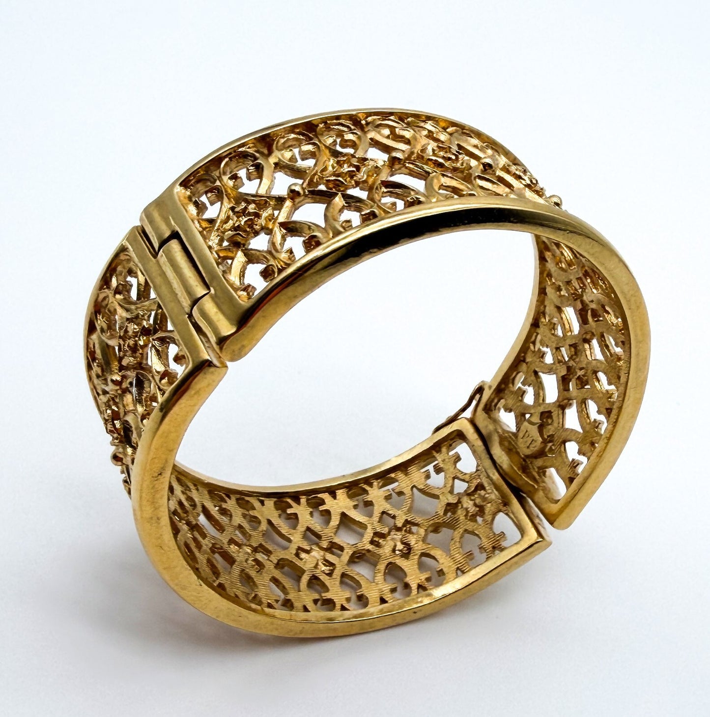 Past Times Gold Tone Bangle Filigree Openwork Hinged Bracelet Ornate