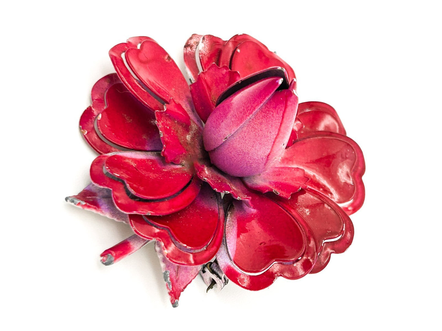 Vintage Style Hot Fuchsia Pink Flower Brooch Layered Enamel Statement Pin
