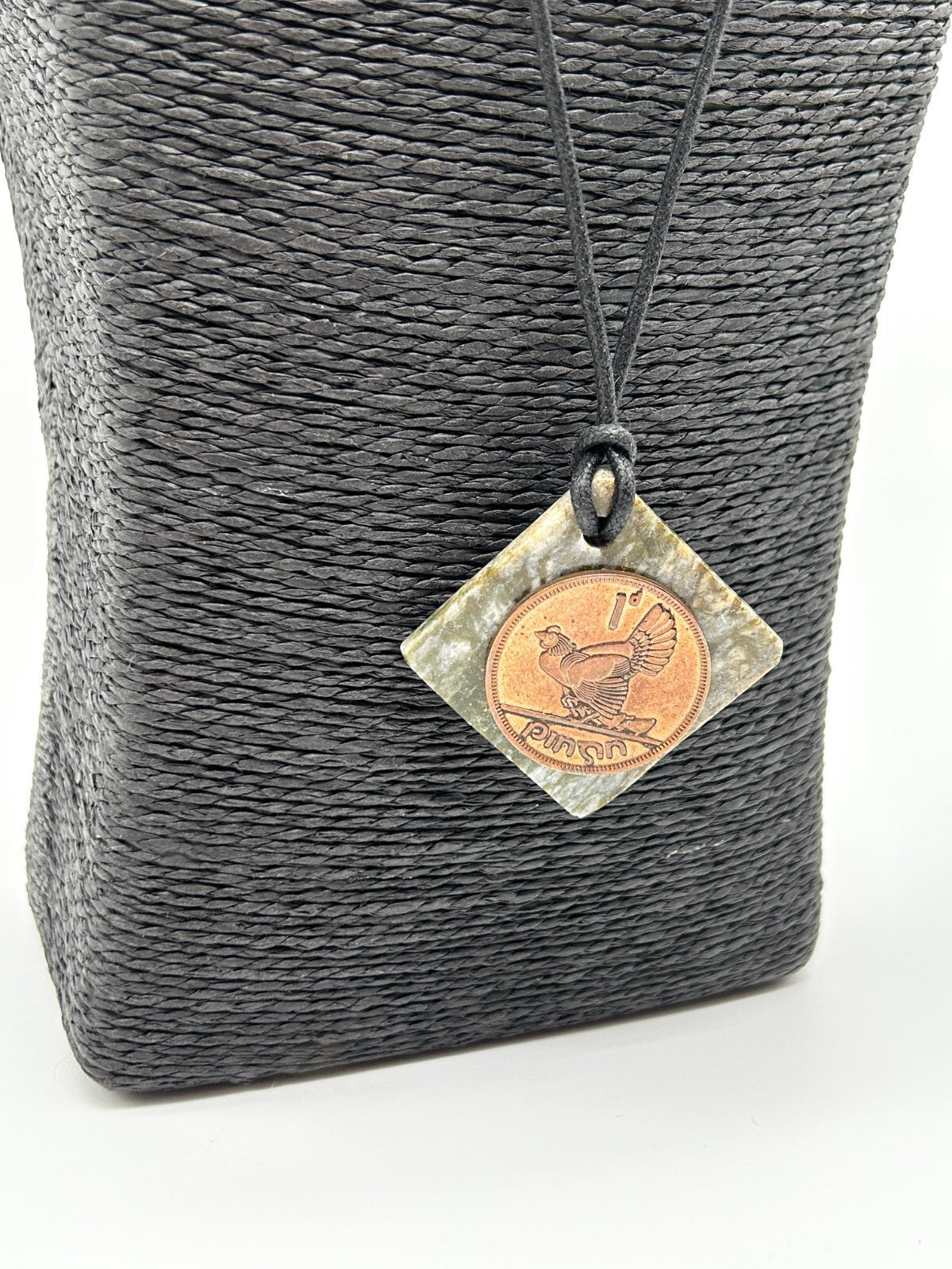 Vintage Irish Pingin Penny Coin Connemara Marble Pendant Necklace Hen Chicks