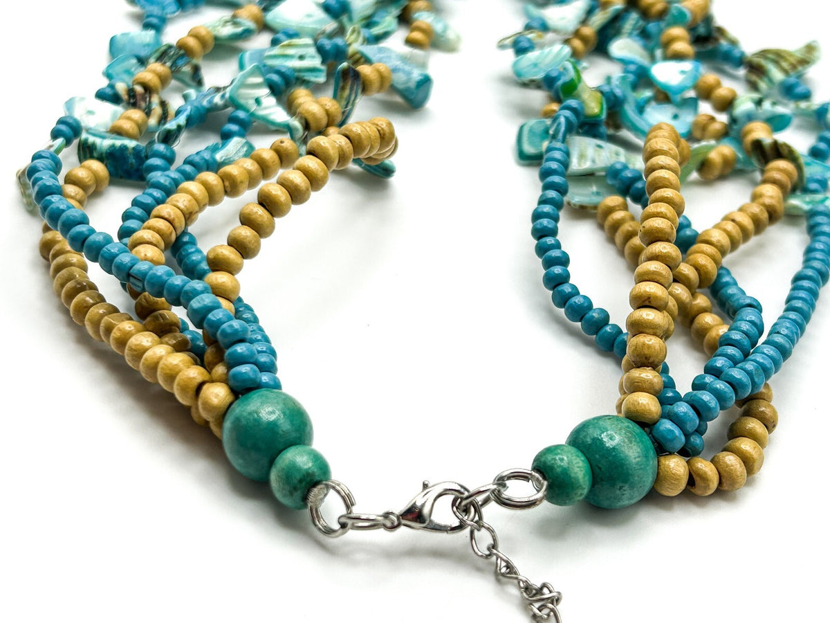 Layered Blue Shell and Wood Multi-Strand Necklace - Boho Sea Beach Surf