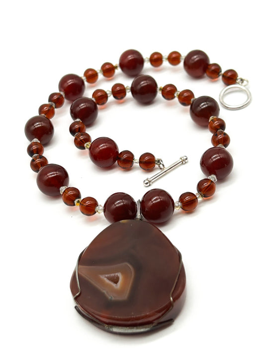 Carnelian Agate Pendant Necklace Quartz Inclusion Geode Artisan Gemstone  Boho