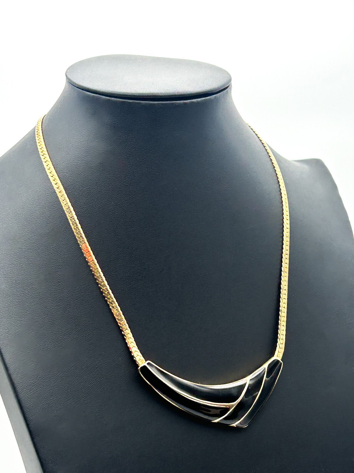 Vintage 80s Gold Tone Herringbone Necklace Black Enamel Curve Statement 17”