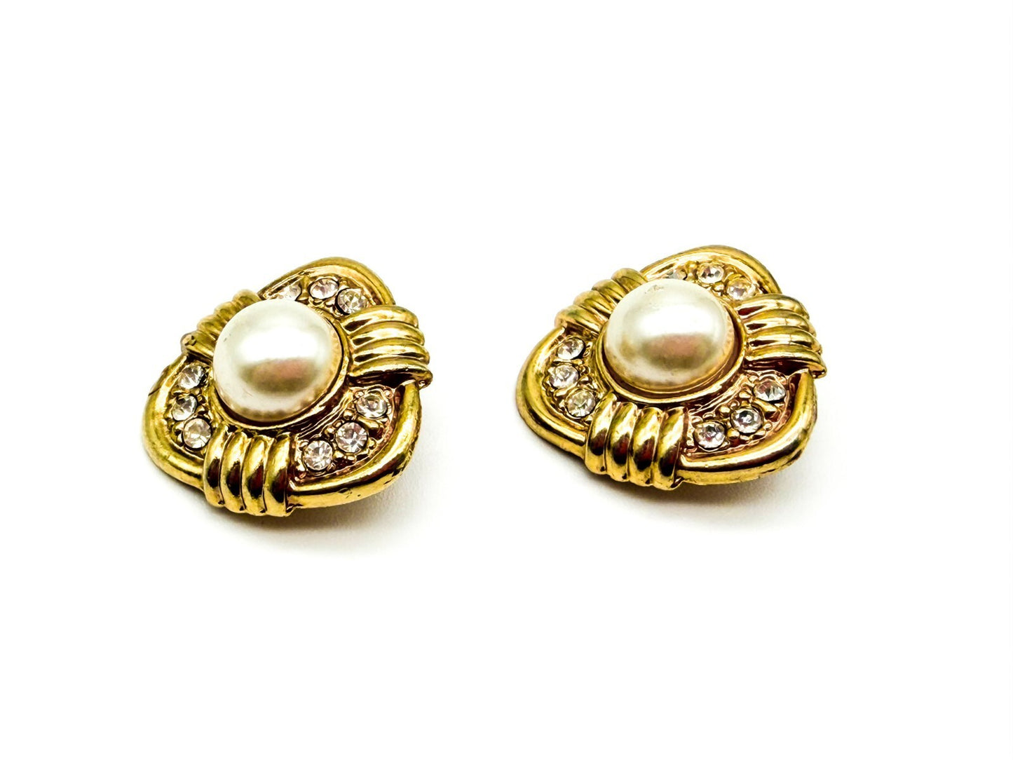 Vintage Gold Tone Faux Pearl Rhinestone Clip On Earrings Statement 1980s Retro