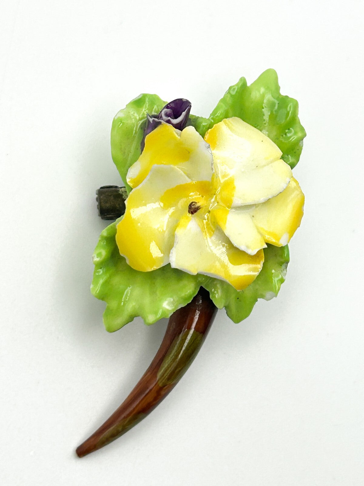 Vintage SylvaC China Flower Brooch Yellow Green Floral Pansy Ceramic Pin 6cm