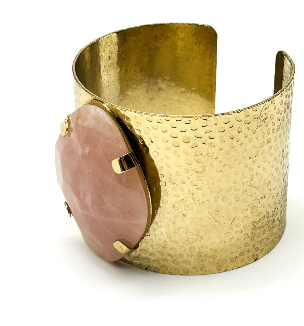 Pink Jade Gold Tone Textured Cuff Bracelet Faceted Stone Boho Statement Retro