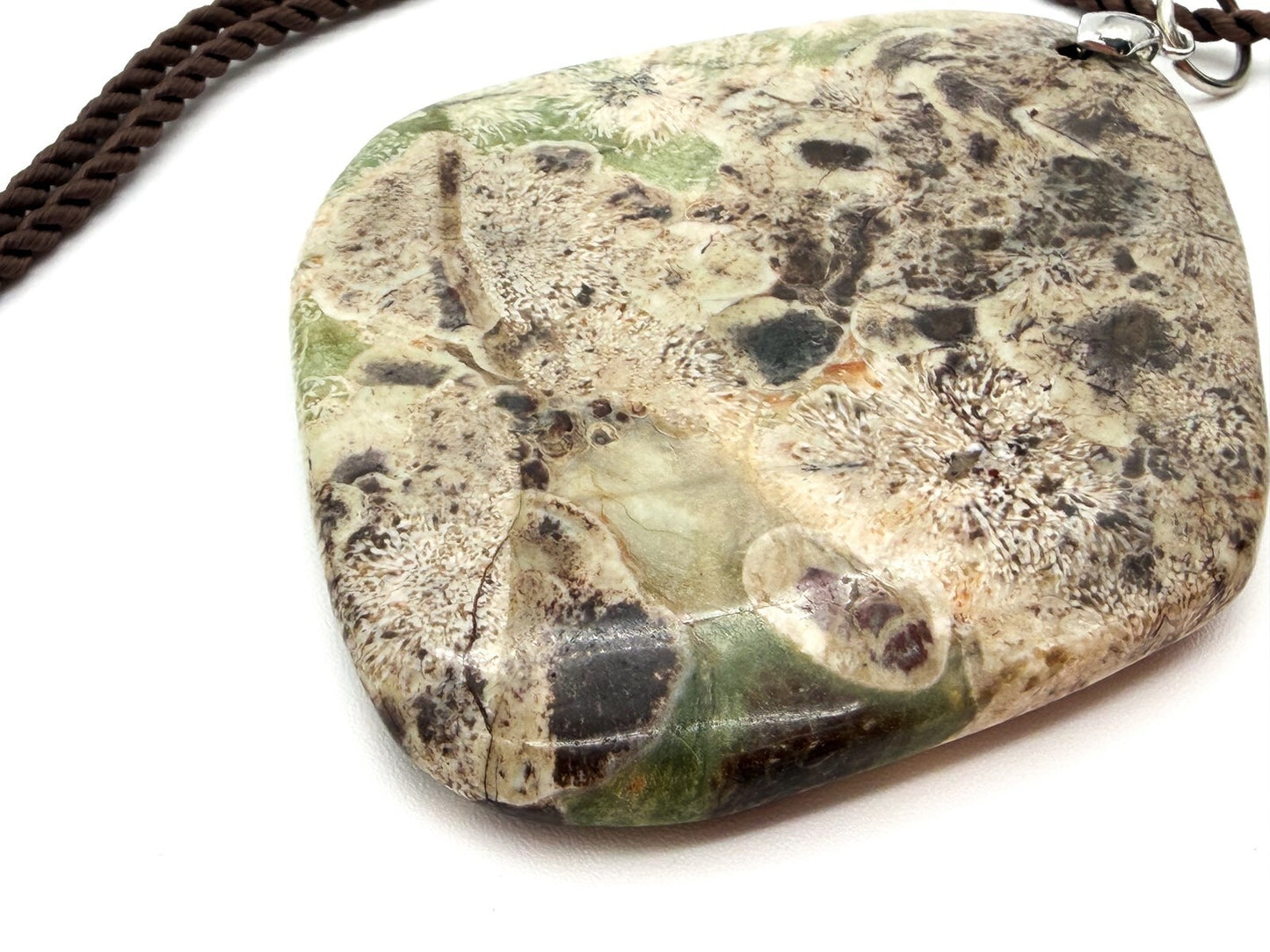 Ocean Jasper Large Pendant Necklace Brown Cord 16” Semi Precious Green