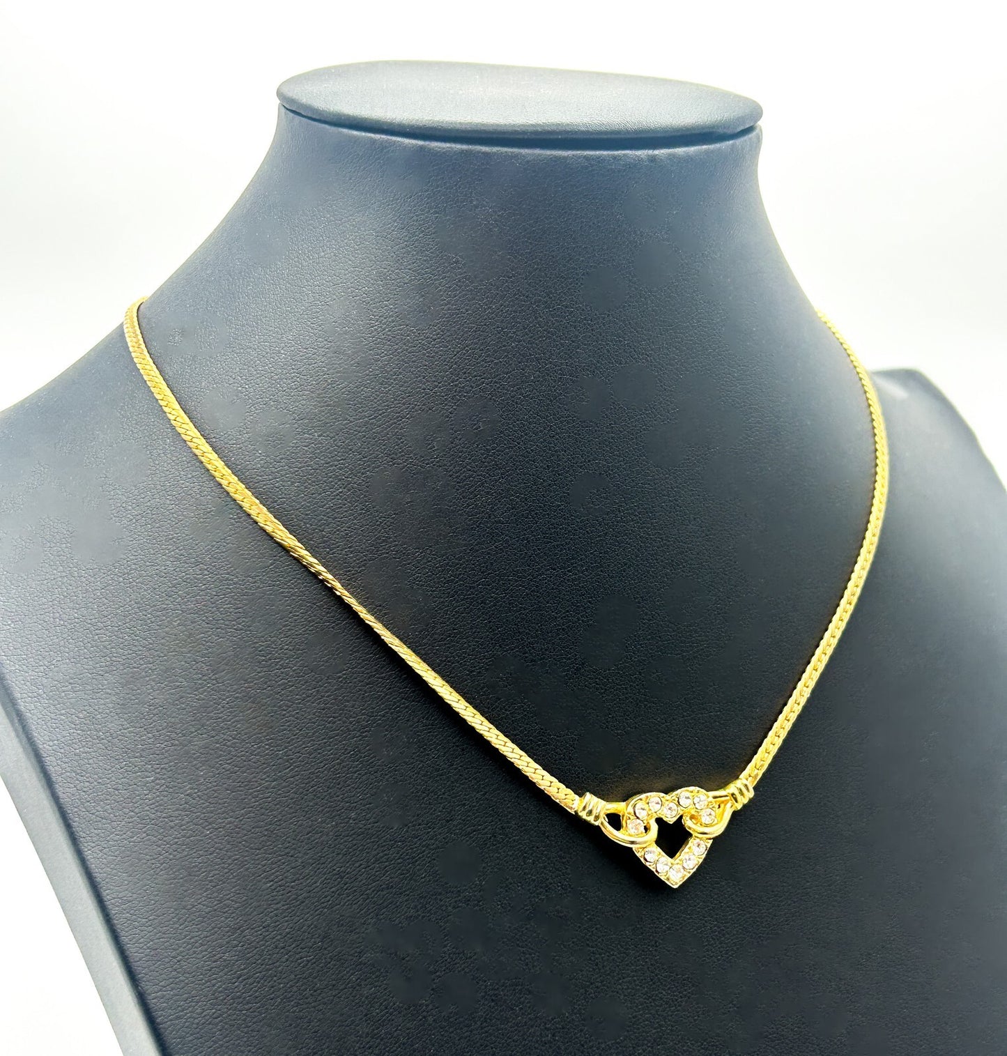 Gold Tone Herringbone Chain Necklace Small Heart Rhinestone Pendant 15”