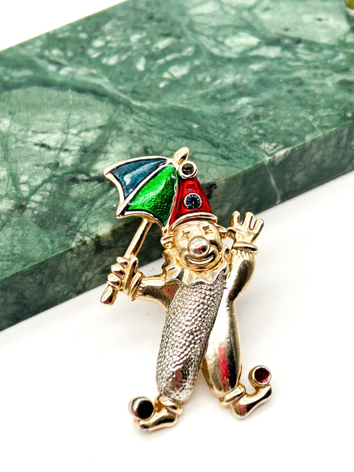 Vintage Enamel Clown Brooch with Umbrella