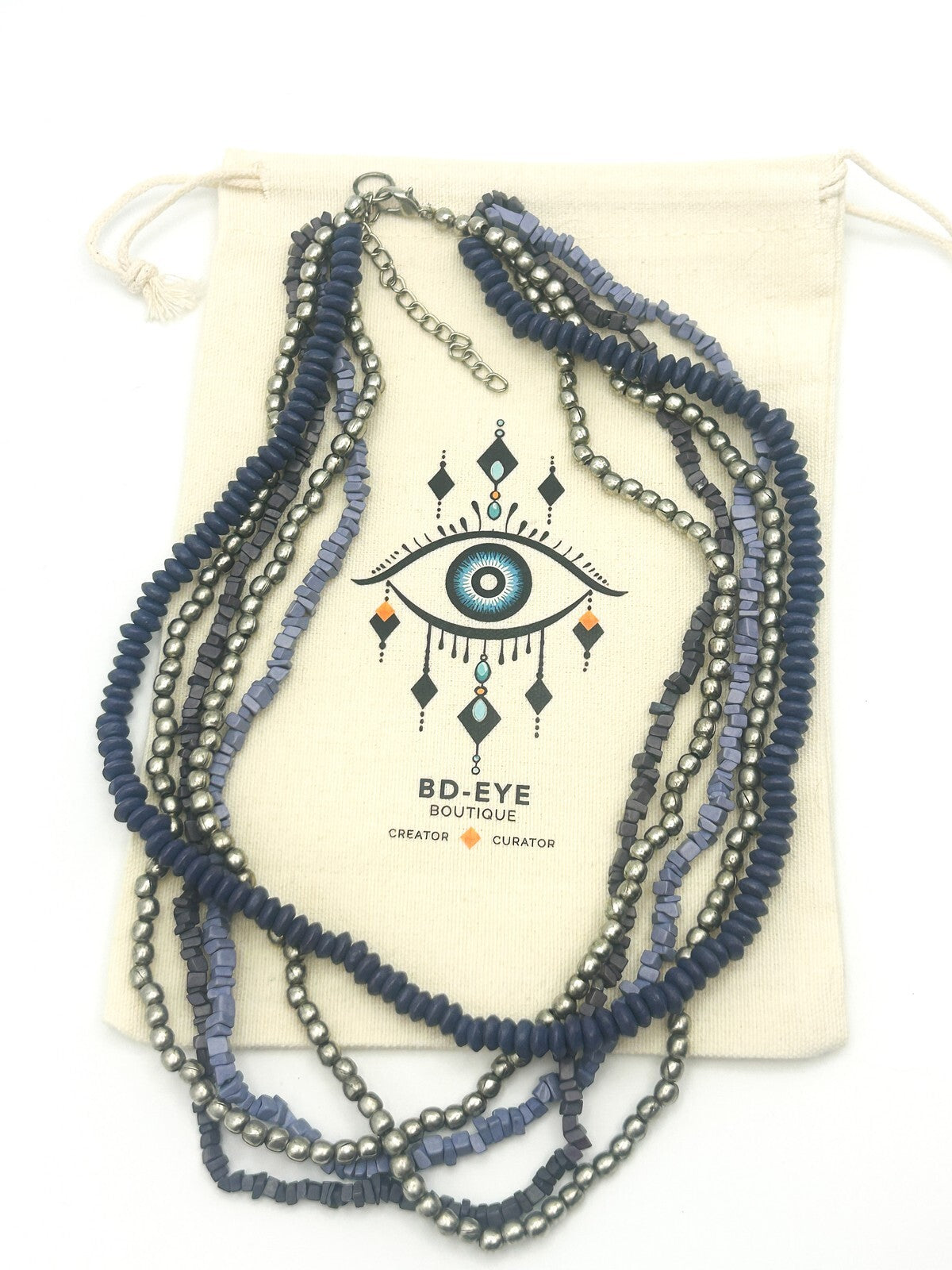 Vintage Multi-Strand Blue & Silver Glass Bead Torsade Necklace