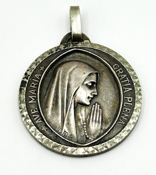 Vintage Our Lady Lourdes Medal Pendant Ave Maria Catholic Virgin Mary 2.5cm