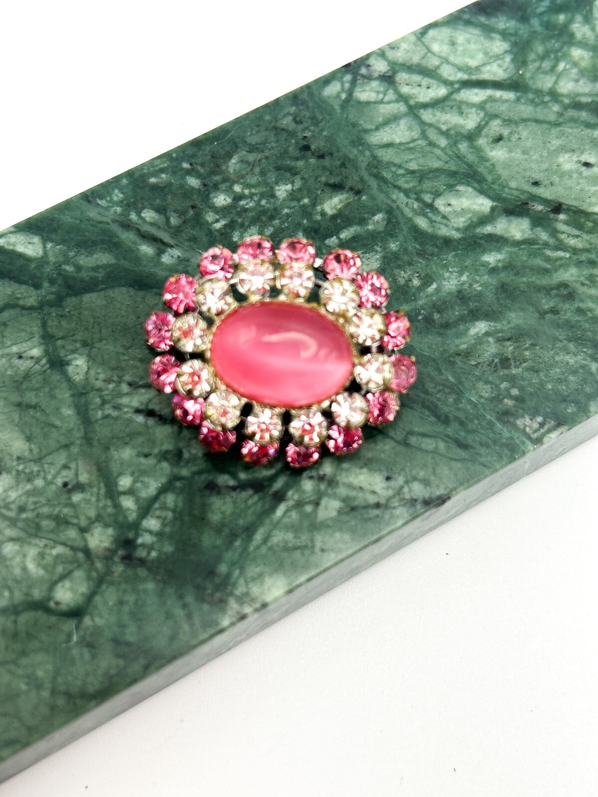 Vintage Pink Moonglow Brooch Rhinestone Halo Lucite Cabochon Pin