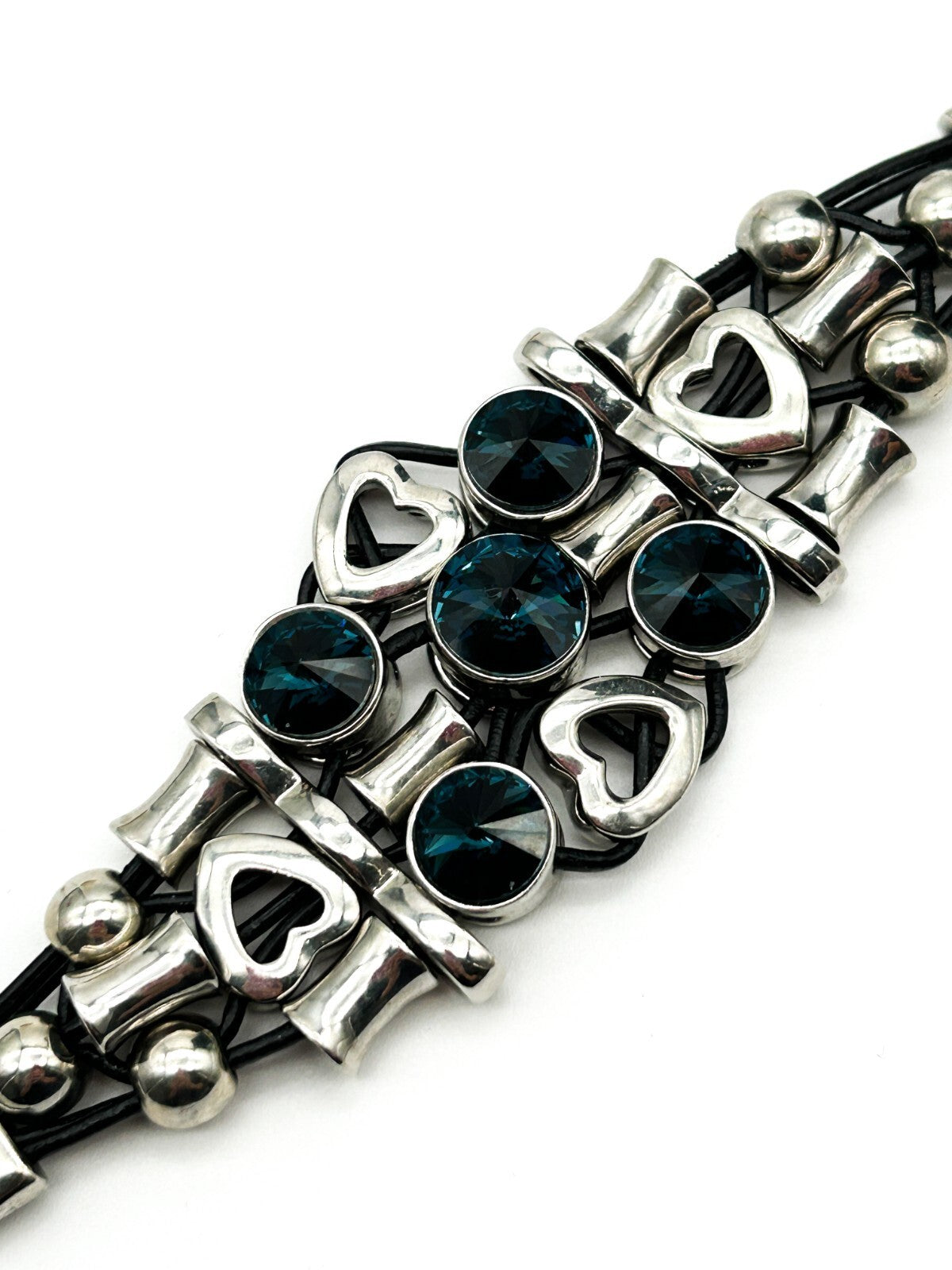 Miss Chic Silver Tone Industrial Y2K Chunky Heart Bracelet Deep Blue Rhinestones