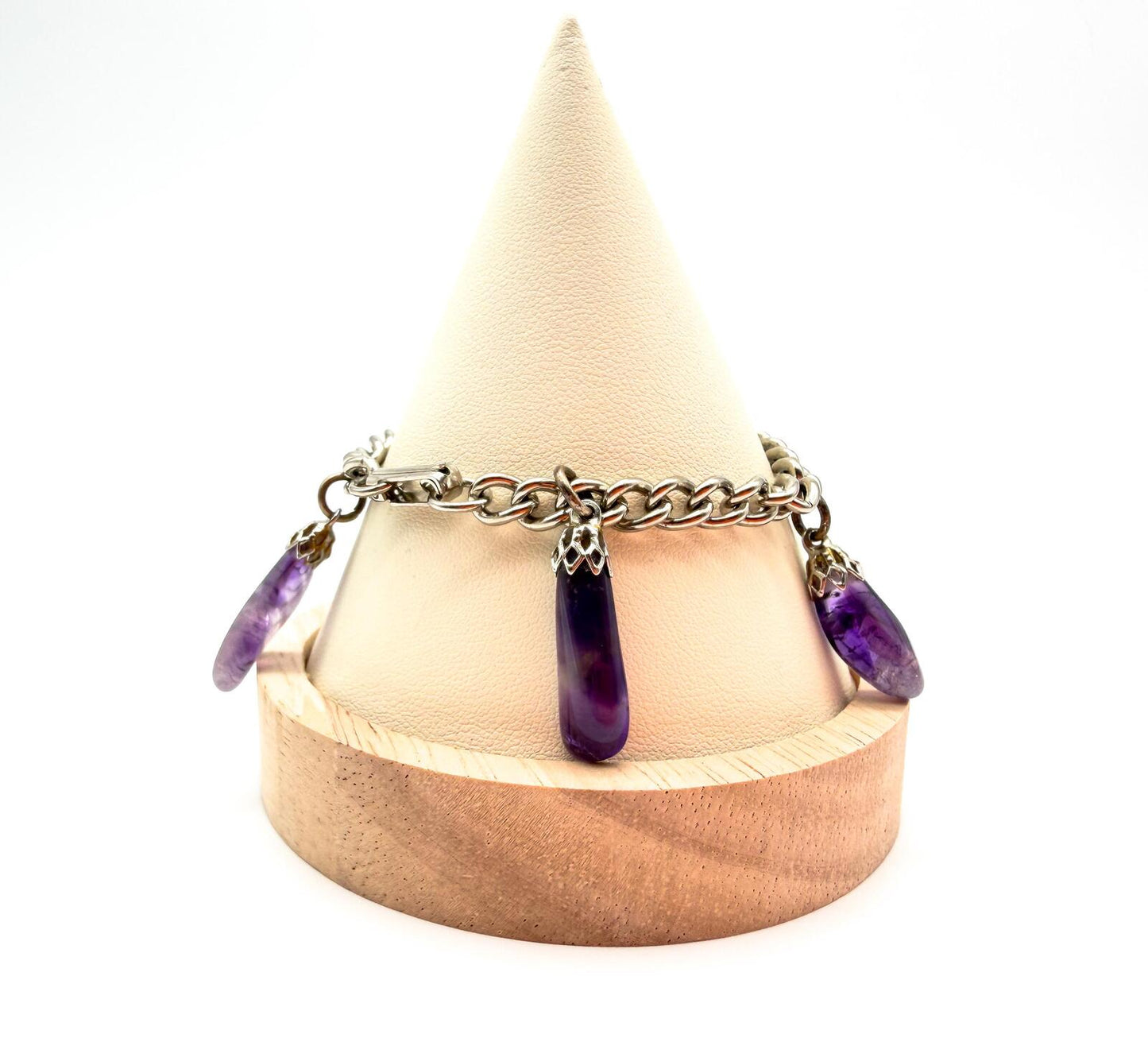 Vintage Amethyst Drop Bracelet Gemstone Charm Bracelet Purple Stone Silver Tone