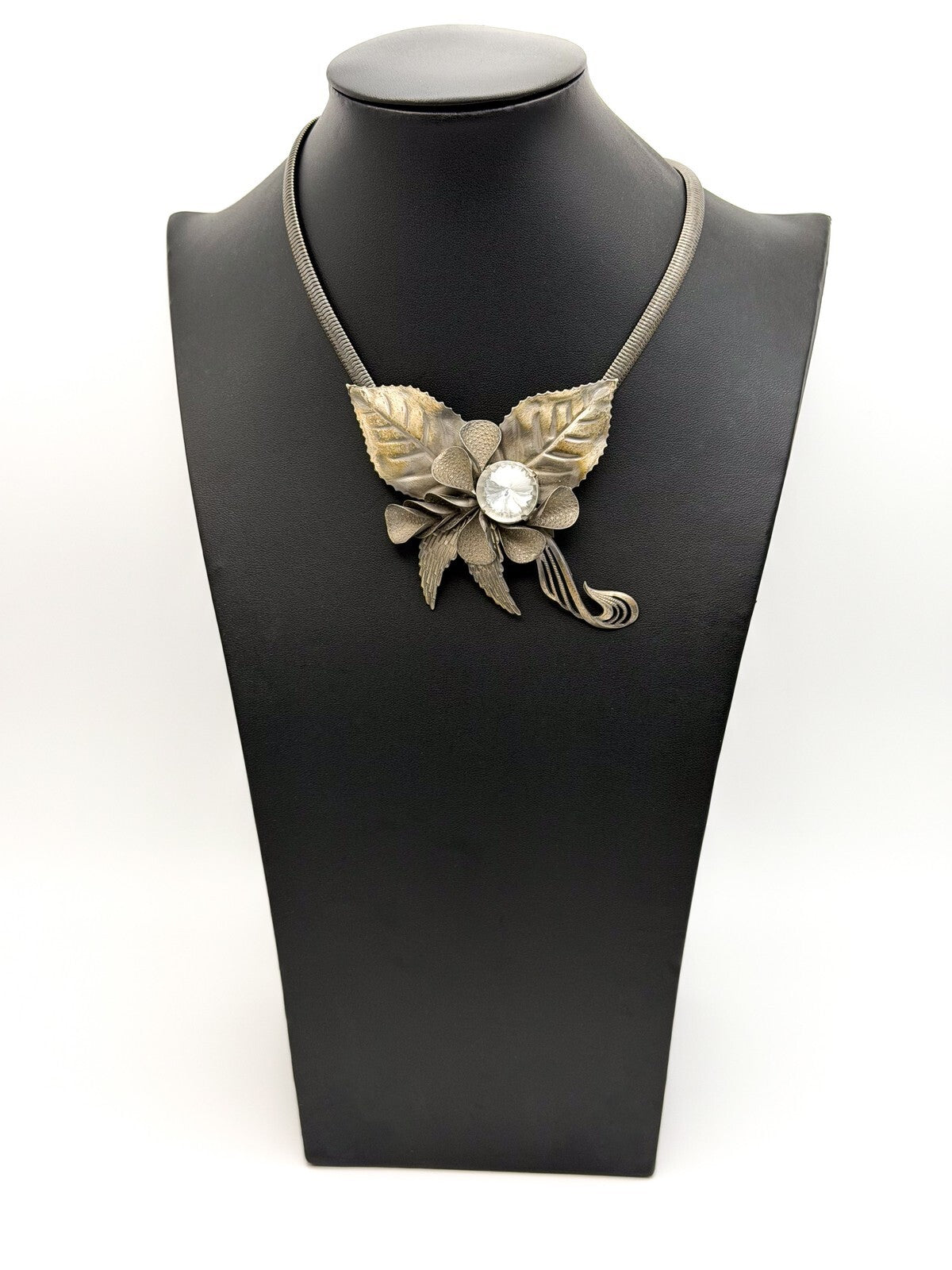 Art Nouveau Style Floral Leaf Statement Necklace with Swirl & Rhinestone Detail