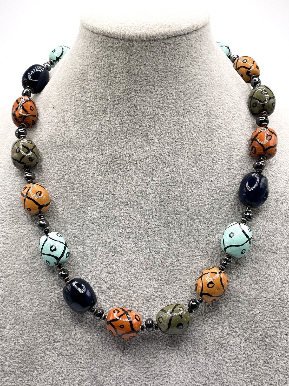 Vintage Porcelain Barrel Bead Necklace Hematite & Glass Accents, 128g, 22.5in