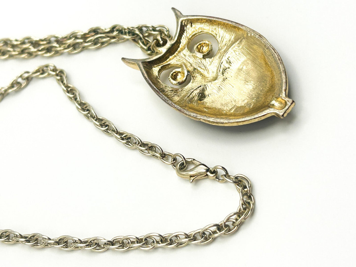 Gold Tone Owl Pendant Necklace with Brown Shimmer Enamel Belly