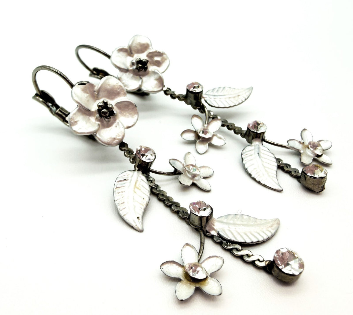 Y2K Floral Drop Earrings Silver Enamel Rhinestone Gunmetal Chain