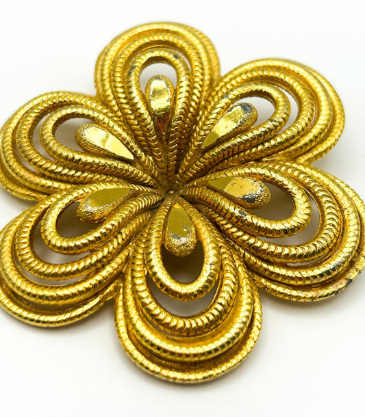 Vintage Gold Tone Flower Brooch Large Openwork Floral Pin Statement