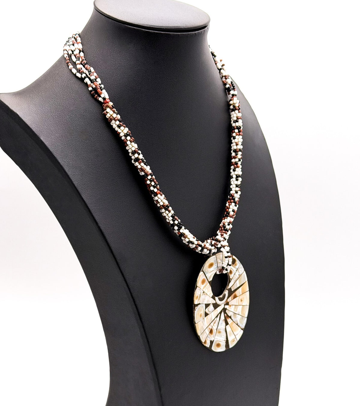 Five Strand Brown, White & Black Seed Bead Necklace with Shell Inlay Donut Penda