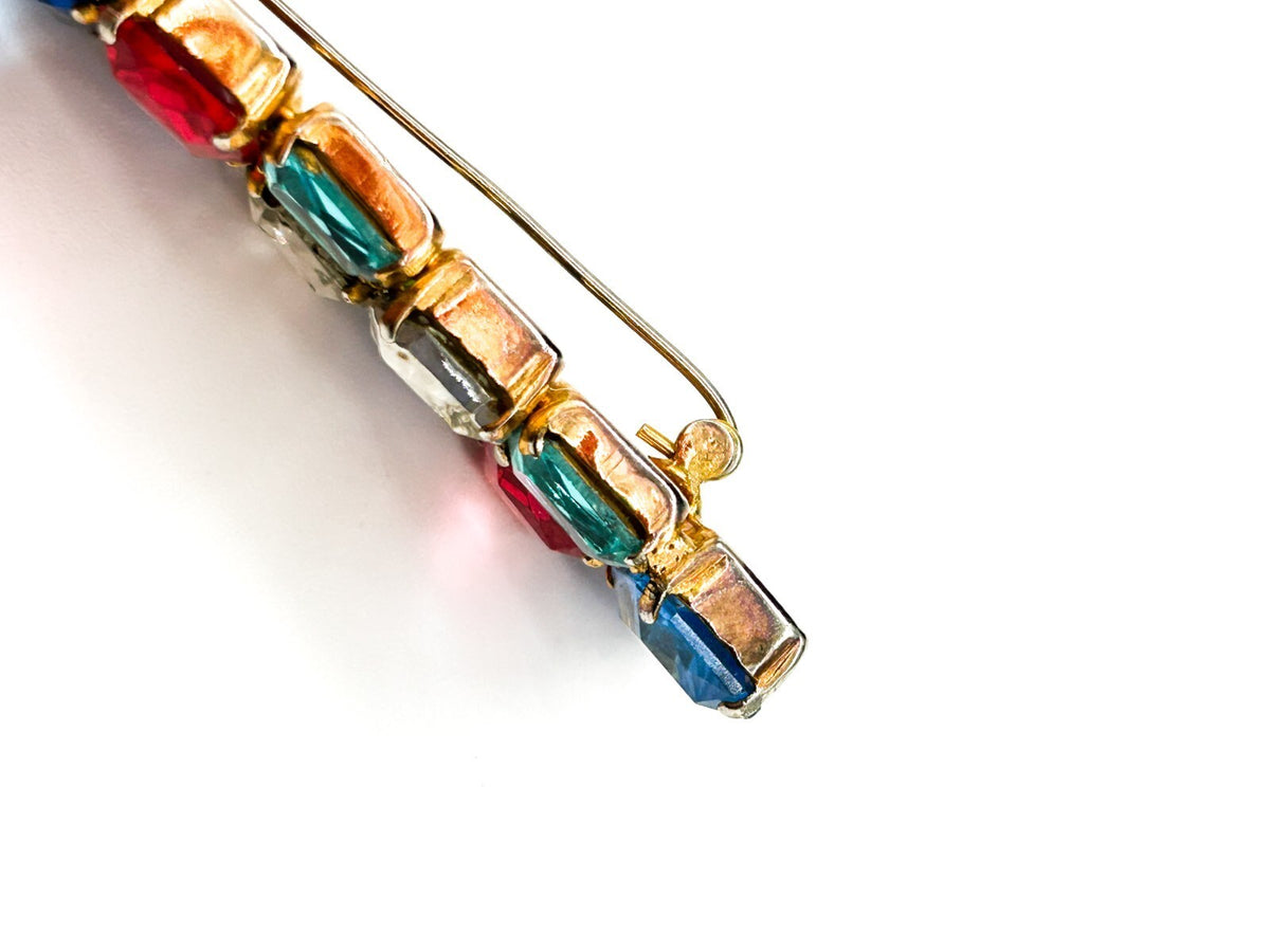 Antique Art Deco Czech Glass Rhinestone Bar Brooch Multicolour C Clasp 6cm
