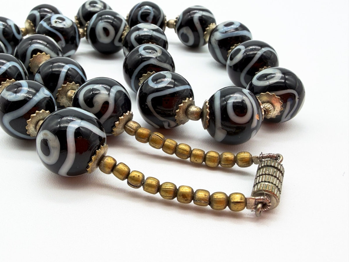 Vintage Black White Dzi Style Necklace Tibetan Bead Statement Glass 17”
