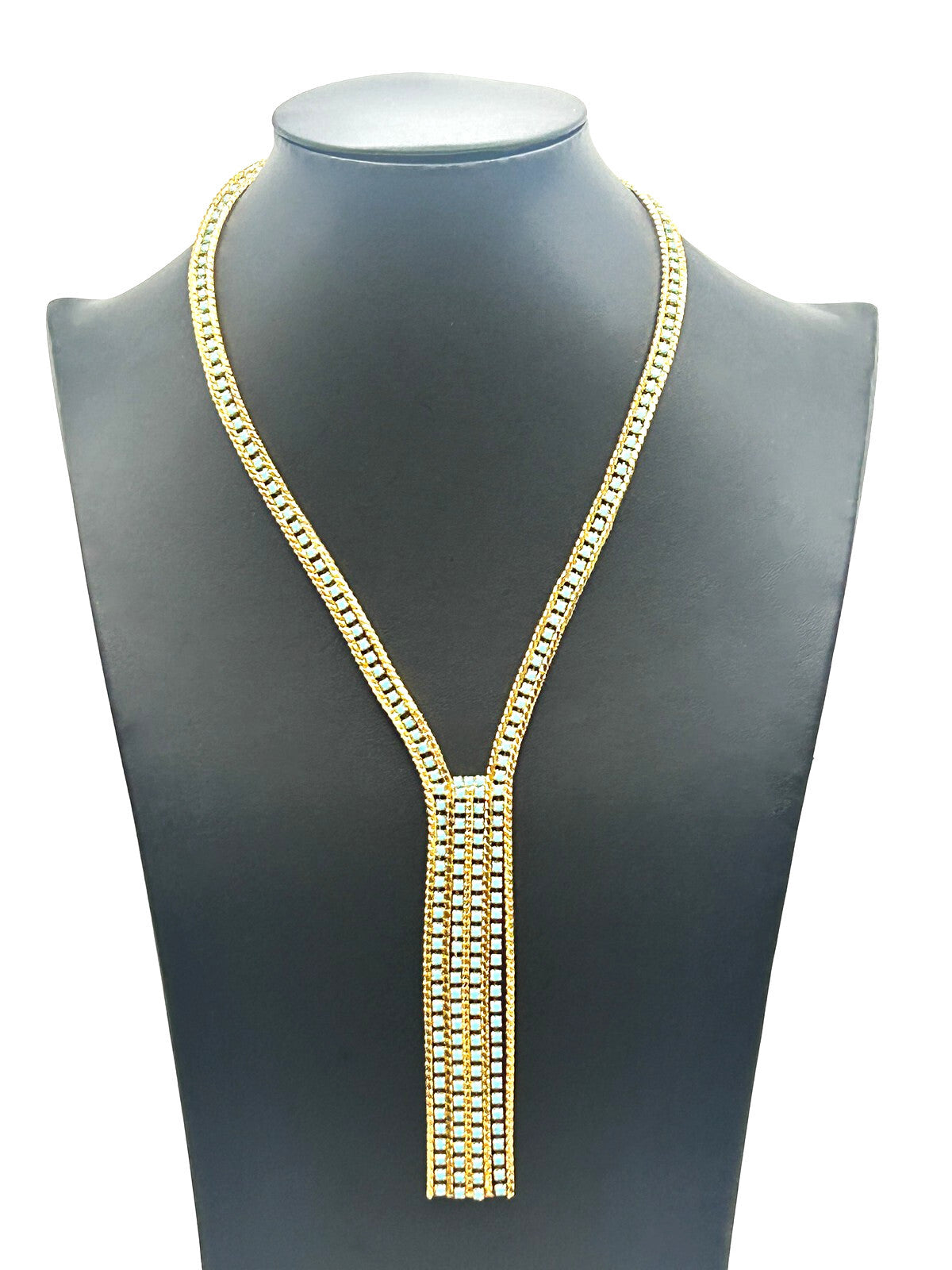 Gold Tone Turquoise Glass Lariat Necklace – Vintage Mesh Tassel Design