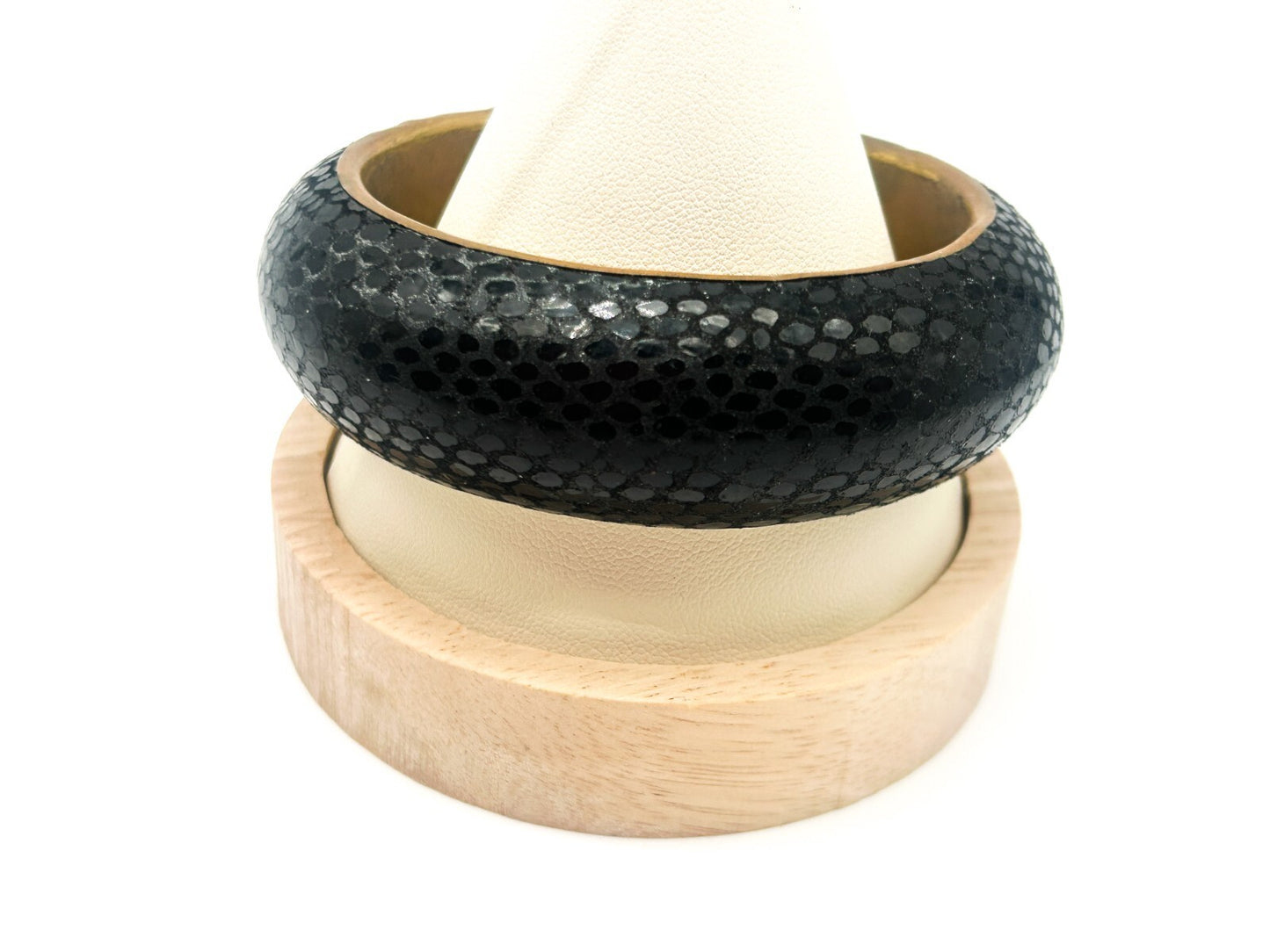 Vintage Black Bracelet Textured Faux Snakeskin Bangle Gold Tone Brass Interior