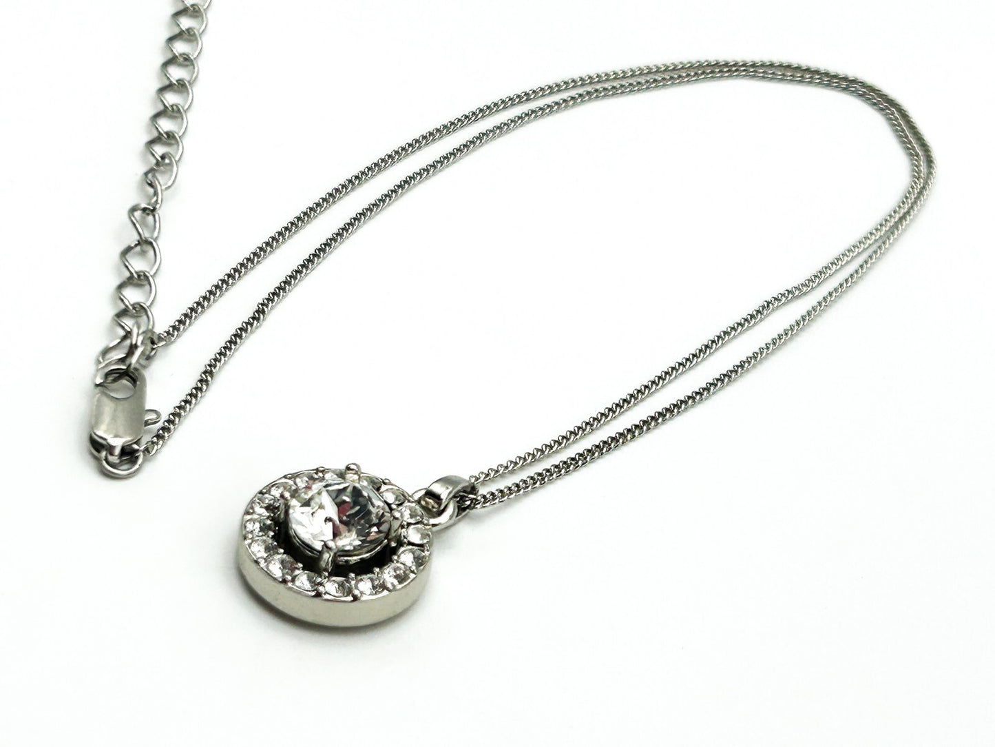 Silver Tone Crystal Halo Pendant Necklace – Round Solitaire with Pavé Frame