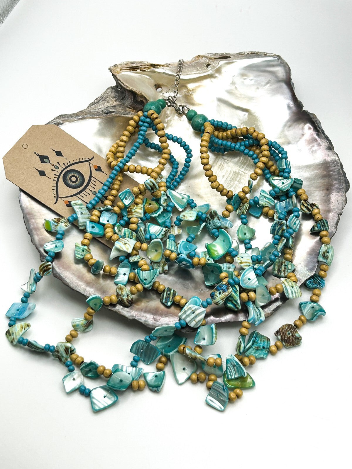 Layered Blue Shell and Wood Multi-Strand Necklace - Boho Sea Beach Surf