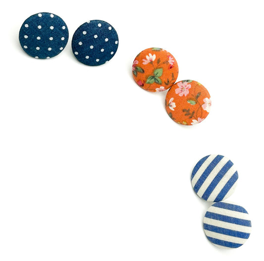 Set of 3 Fabric Stud Earrings Floral Stripe Polka Dot Button Earrings 2.5cm