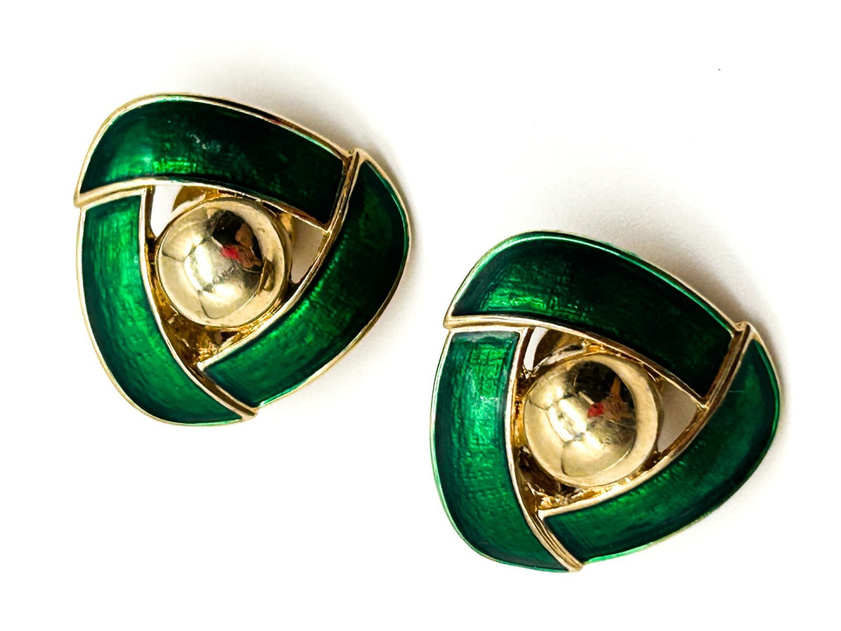Vintage Gold Tone Green Enamel Knot Clip On Earrings – Late 80s / Early 90s