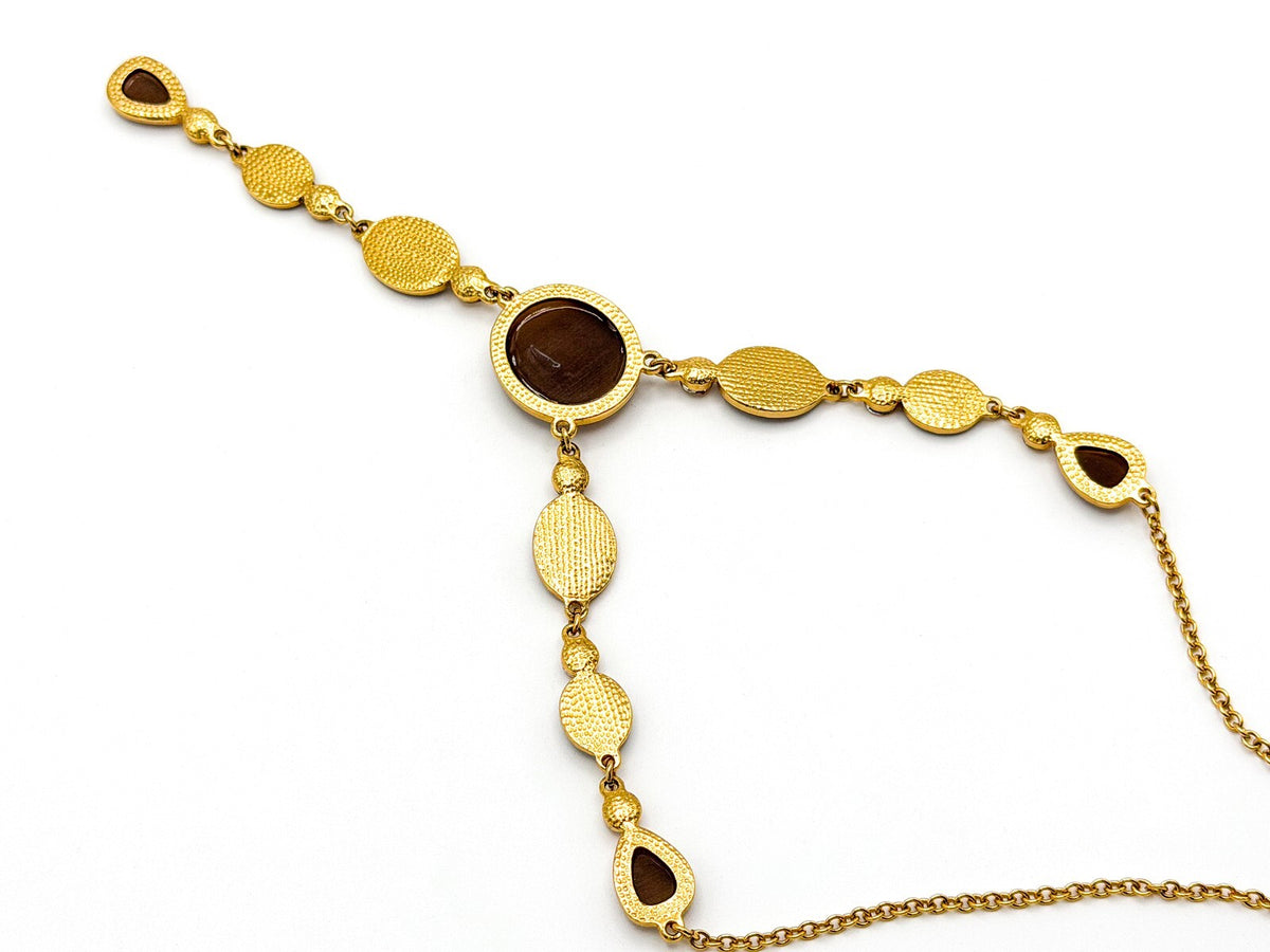 Gold Tone Y-Drop Necklace with Brown Cat’s Eye & Iridescent Orange Cabochons
