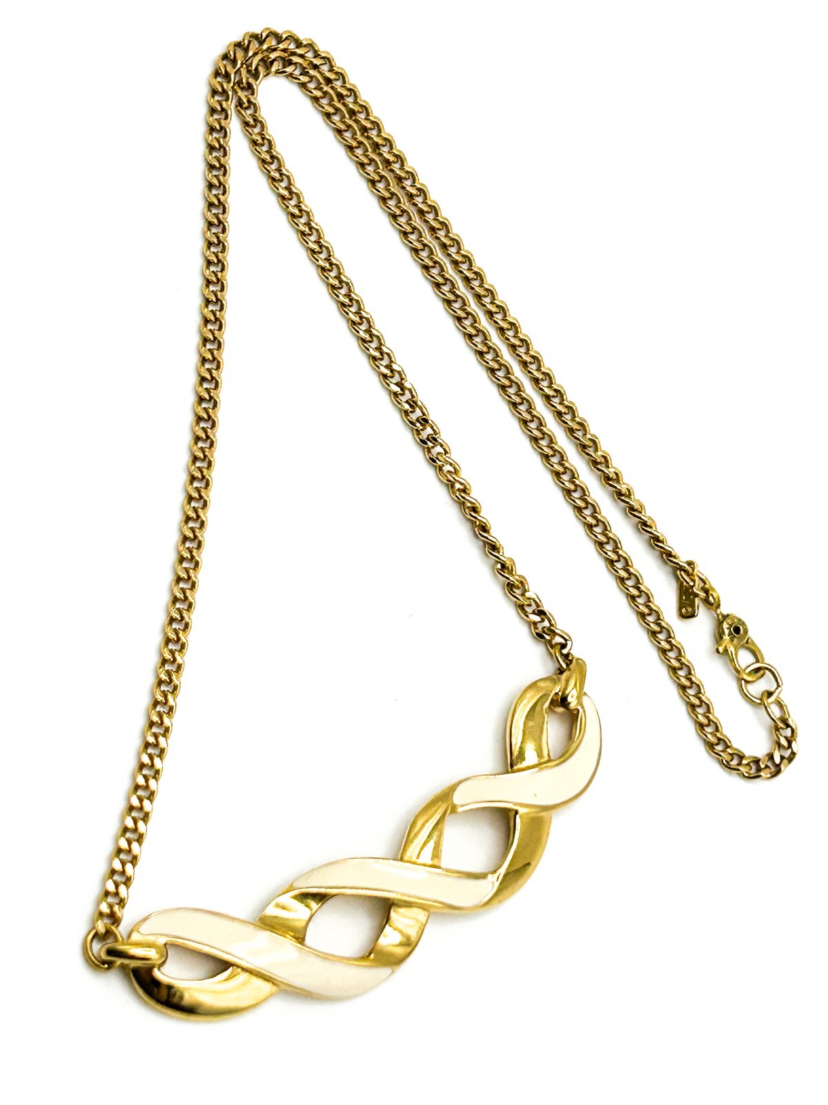 Signed Monet Gold Tone Chain Necklace with Cream Enamel Ribbon Pendant