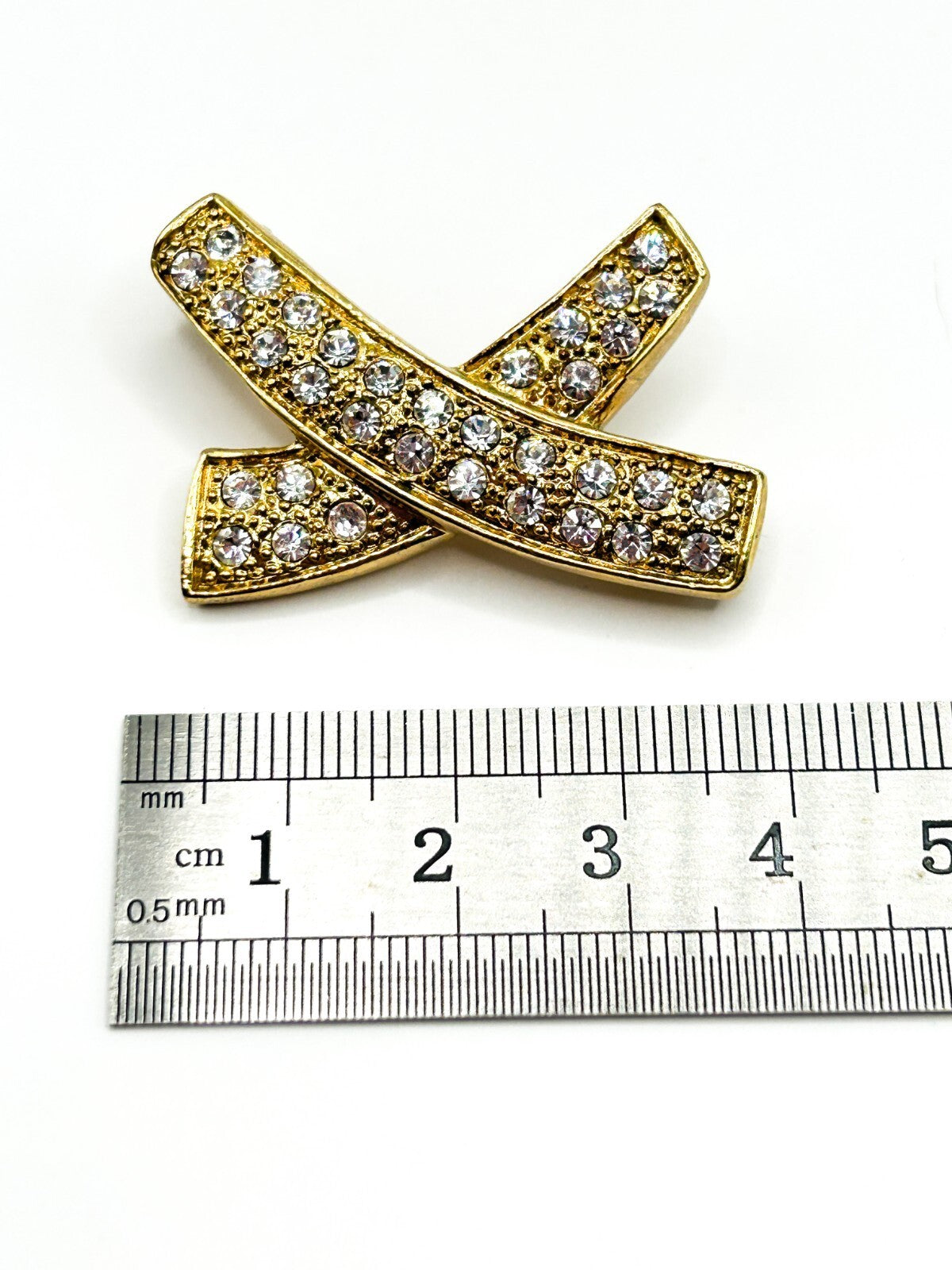 Vintage Gold Tone Rhinestone X Brooch Pavé Crossed Ribbon Statement Pin Retro