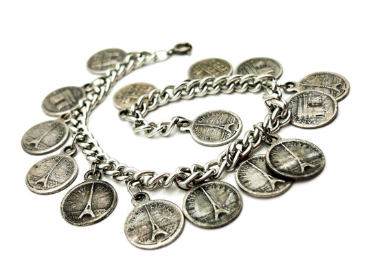 Vintage Paris Souvenir Coin Charm Bracelet with Eiffel Tower & Notre Dame Charms