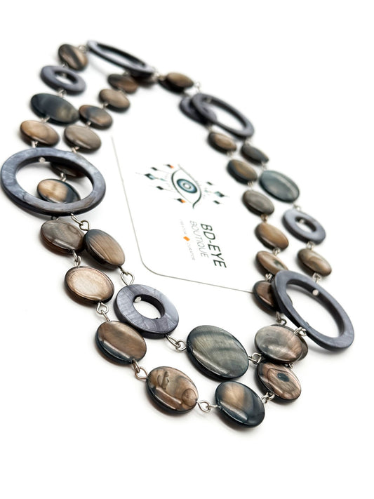 Long Shell Disc Hoop Long Necklace Grey Brown Iridescent Statement Unsigned M&S