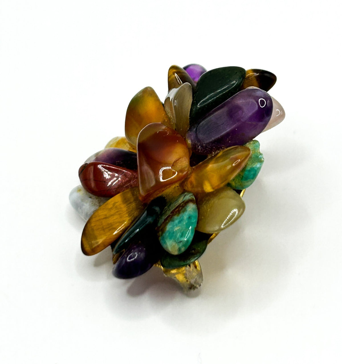 Vintage Semi Precious Gemstone Cluster Brooch Amethyst Carnelian Tigers Eye
