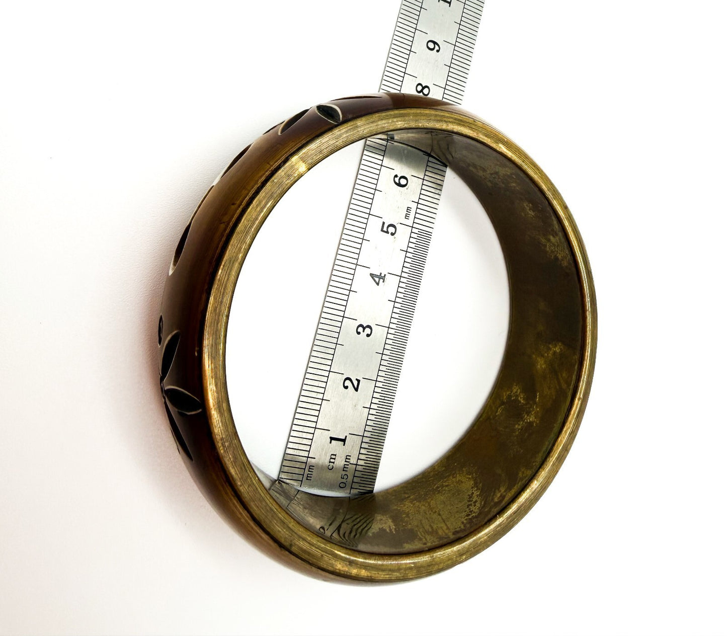 Vintage Brass & Carved Organic Material Floral Bangle Bracelet