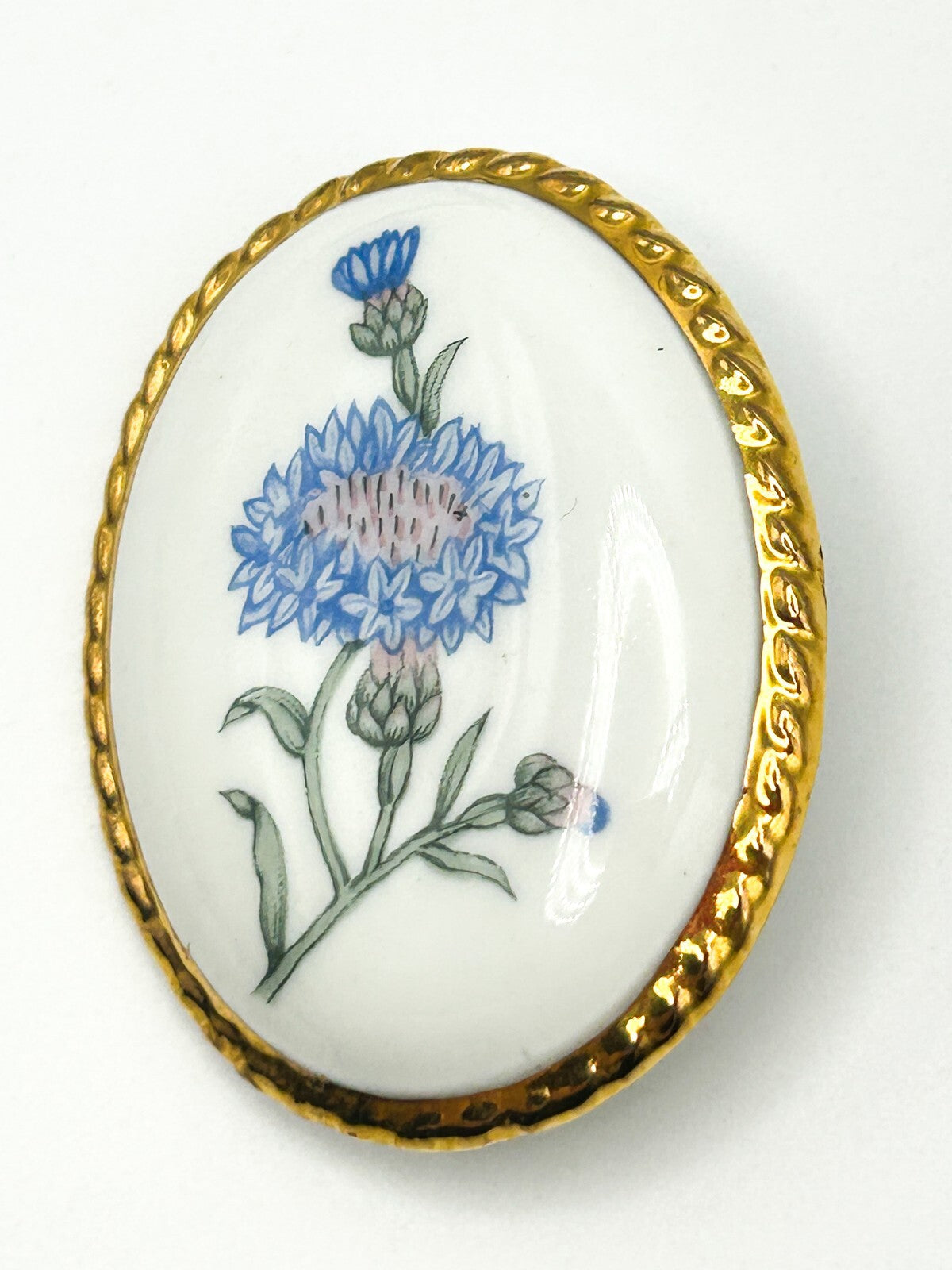 Aynsley Bone China Brooch Blue Floral Oval Gold Tone Vintage Pin