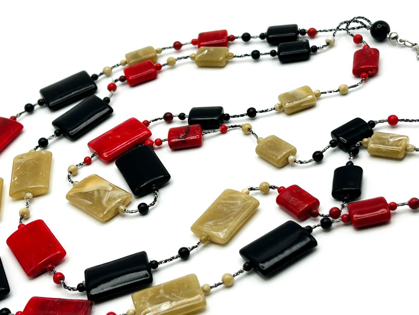 Vintage Klass Multi Strand Necklace Red Black Beige Acrylic Statement Necklace