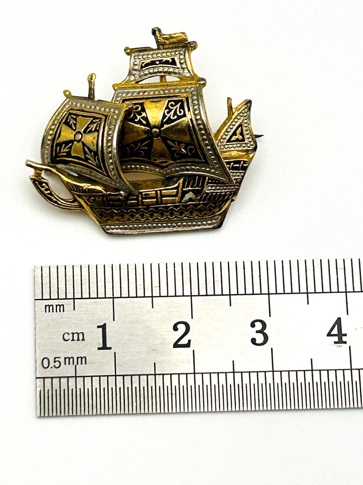 Damascene Ship Brooch Vintage Gold Tone Spanish Toledo Style Sailing Boat Pin