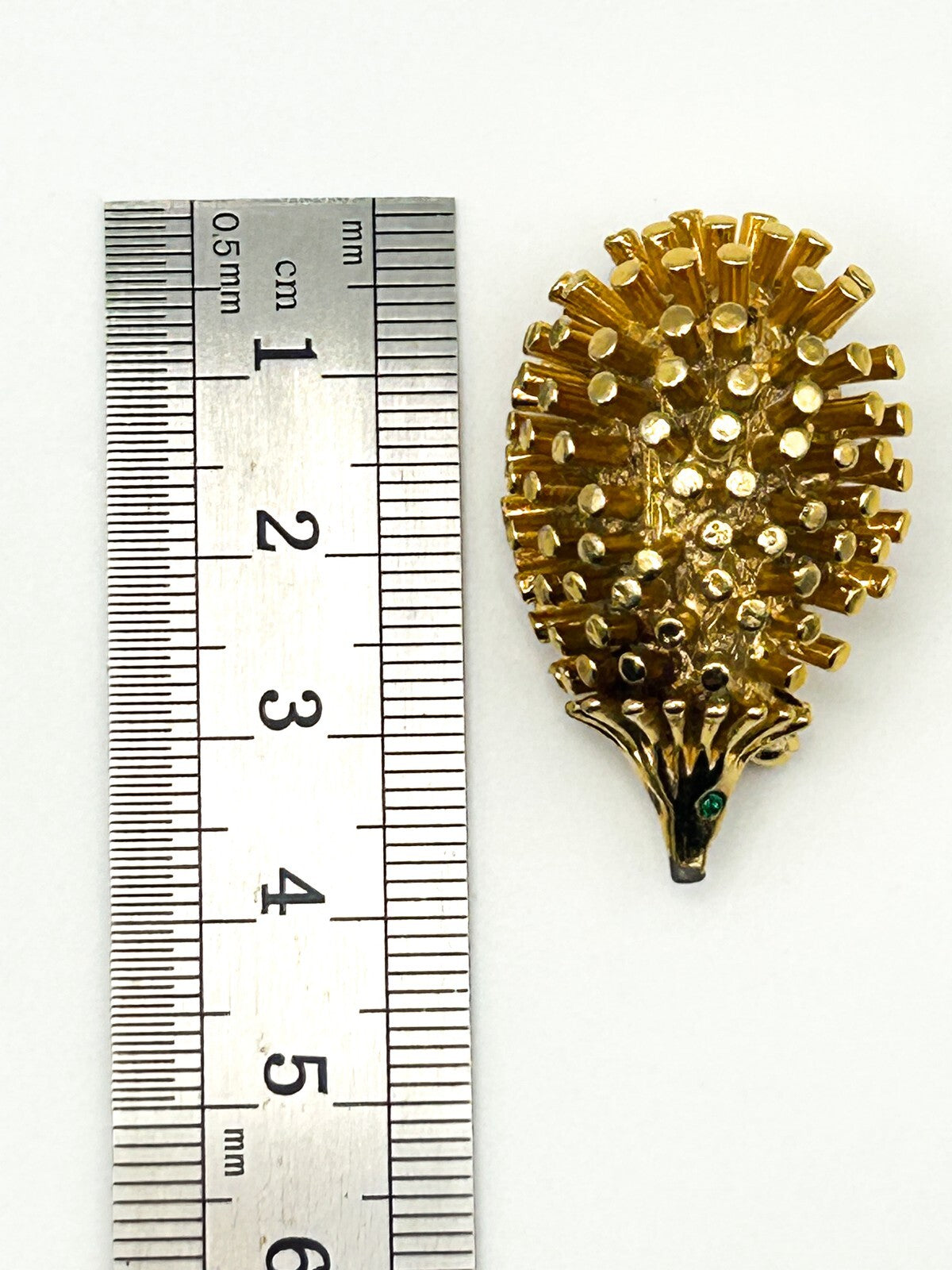Vintage Hedgehog Brooch Gold Tone Animal Pin Green Rhinestone Eyes