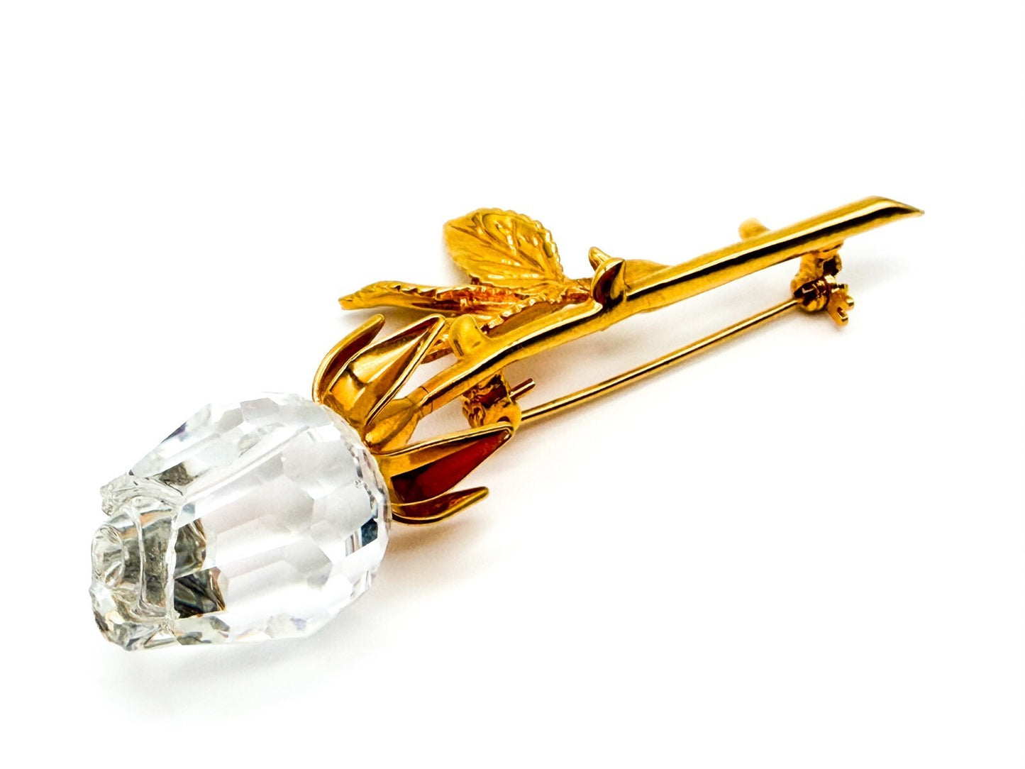 Vintage Large Gold Tone Rose Flower Brooch Pin Crystal Statement Floral