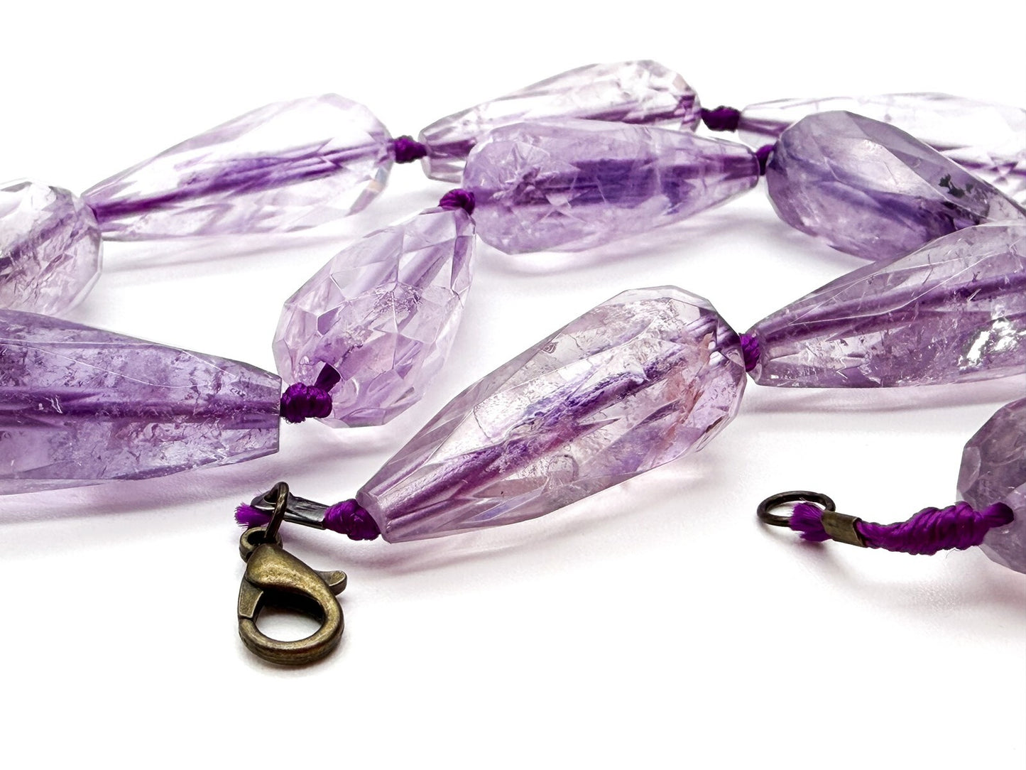 Amethyst Teardrop Necklace Faceted Beads Hand Knotted 18” Statement - Purple